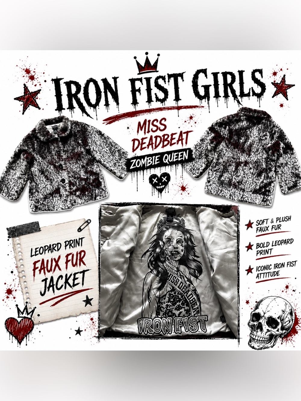 Iron Fist Miss Deadbeat Zombie Queen Faux Fur Coat Women S Grey Leopard Goth Alt